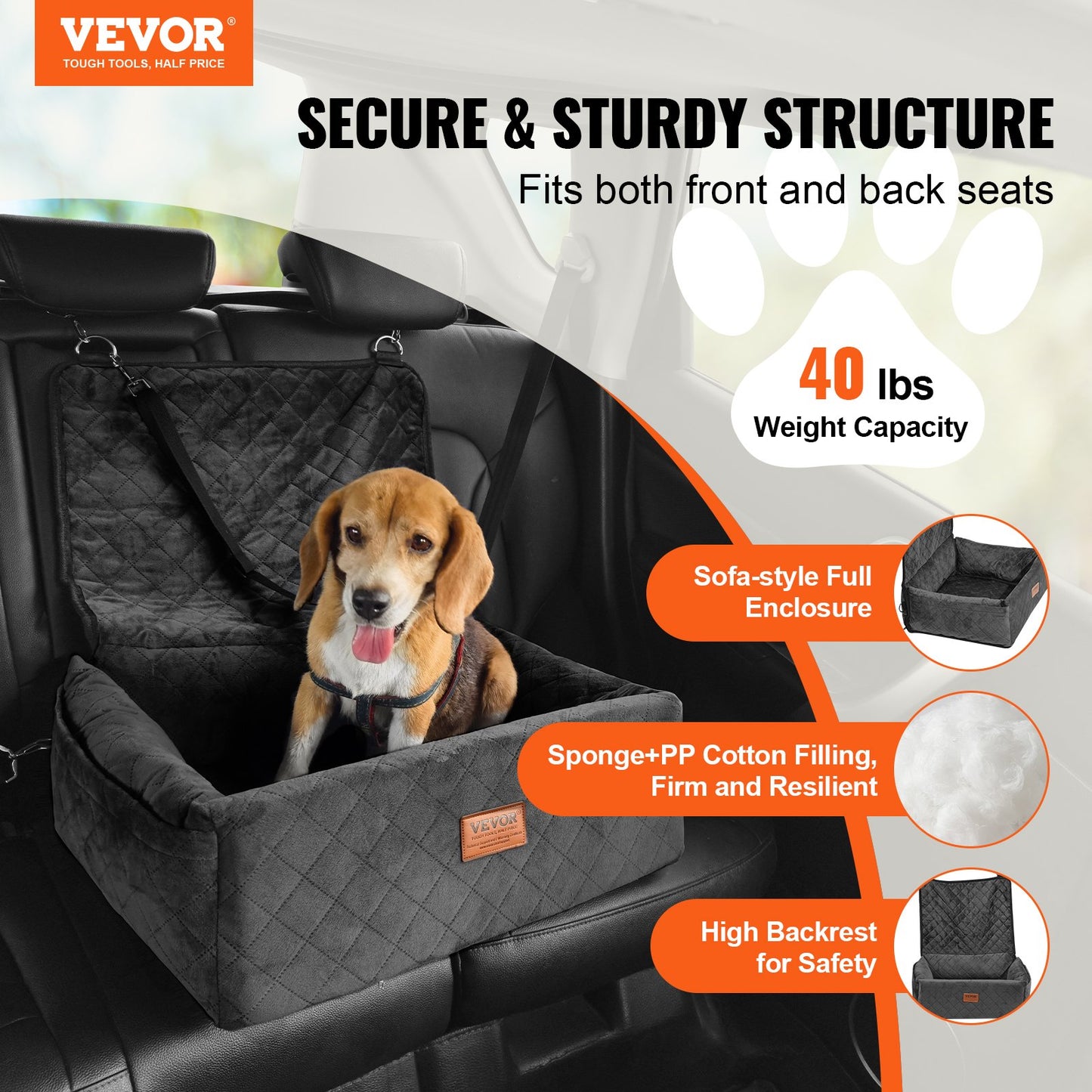 Dog Car Seat, Dog Booster Seat For Car With A Storage Pocket, Clip-On Safety Leash, Sponge And PP Cotton Filling, Dog Car Bed For Small & Medium Dog Up To 40lbs, Black